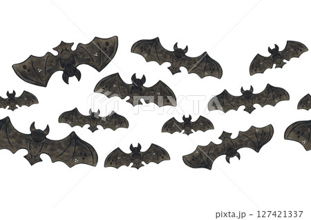 Seamless banner with bats for Halloween holiday. Watercolor illustration hand drawn cartoon. Drawing for textile, for paper, cards and invitations. Holiday, animals, black Seamless banner with bats for Halloween holiday. Watercolor illustration hand drawn cartoon. Drawing for textile, for paper, cards and invitations. Holiday, animals, black 127421337