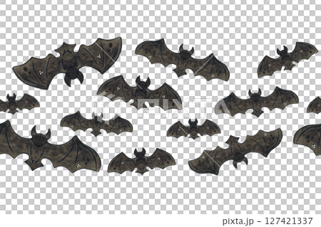 Seamless banner with bats for Halloween holiday. Watercolor illustration hand drawn cartoon. Drawing for textile, for paper, cards and invitations. Holiday, animals, black Seamless banner with bats for Halloween holiday. Watercolor illustration hand drawn cartoon. Drawing for textile, for paper, cards and invitations. Holiday, animals, black 127421337