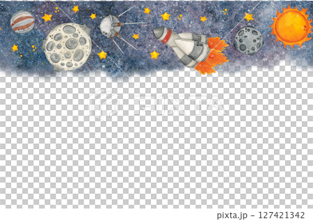 Border with flying planets, sun and rocket in space among stars, hand drawn watercolor illustration, cartoon. Space, outer space, rocket, ship, astronomy, April 12, birthday, planet 127421342