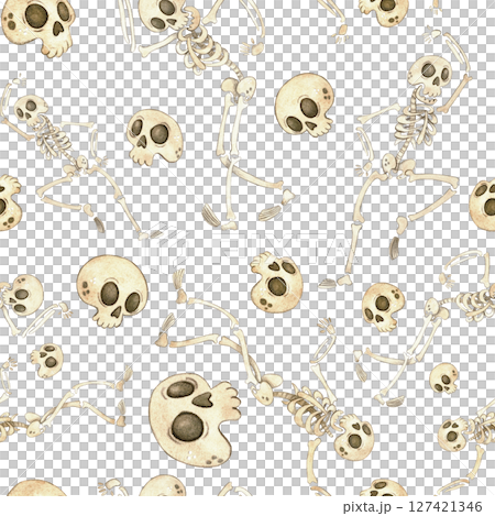 Seamless pattern with skeletons and skulls for Halloween. Watercolor illustration hand drawn cartoon. Drawing for textile, for paper, cards and invitations. Holiday, decoration, skeleton, skull Seamless pattern with skeletons and skulls for Halloween. Watercolor illustration hand drawn cartoon. Drawing for textile, for paper, cards and invitations. Holiday, decoration, skeleton, skull 127421346