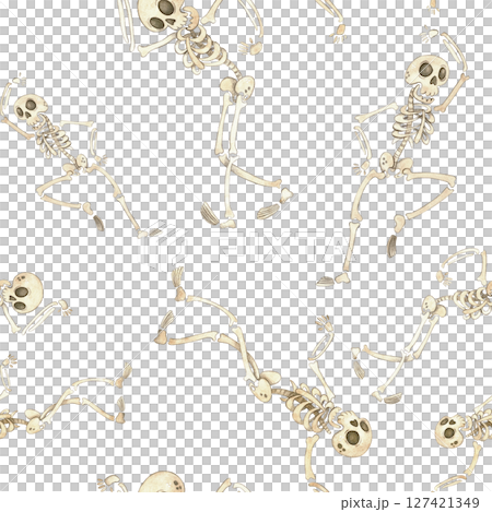 Seamless pattern with dancing skeletons for Halloween. Watercolor illustration hand drawn cartoon. Drawing for textile, for paper, cards and invitations. Holiday, decoration, skeleton 127421349