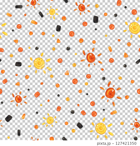 Seamless pattern of confetti for party. Watercolor illustration hand drawn cartoon. Drawing for textile, for paper, cards and invitations. Holiday, decoration, confetti, orange, black, yellow 127421350