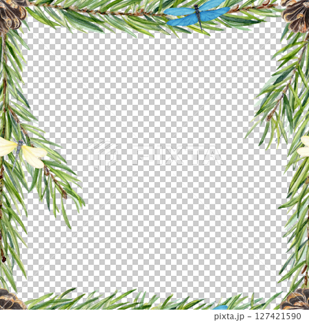 Pine branches, cones, dragonflies a botanical square frame. Hand-painted in watercolor. Perfect for eco branding, invitations, packaging, greeting cards, natural product labels and seasonal designs 127421590