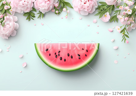 パステルグラデーション背景のスイカスライスバナー 127421639