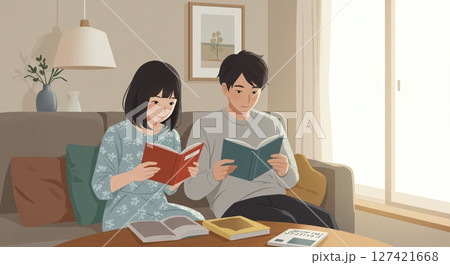 ソファで寄り添い読書を楽しむ夫婦の穏やかな時間 ソファで寄り添い読書を楽しむ夫婦の穏やかな時間 127421668