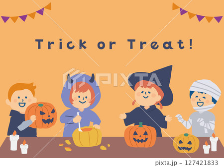 ハロウィンパーティーをする子供たちのイラスト。オレンジ背景 127421833