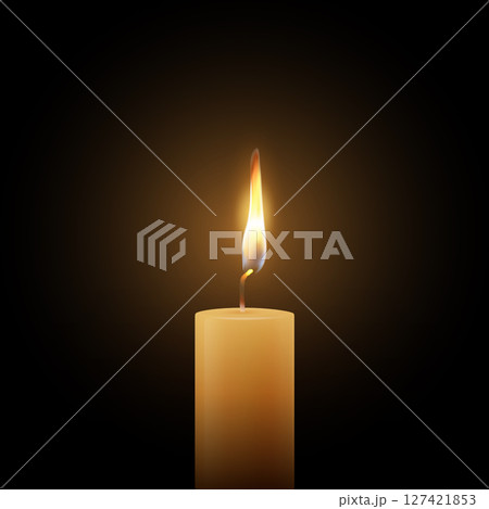 Realistic Vector Candle Flame Clipart on Black Background. Single Wax Pillar Candle with Soft Warm Glow and Flickering Flame, Ambient Lighting Design Template for Web, Print, Logo Design 127421853