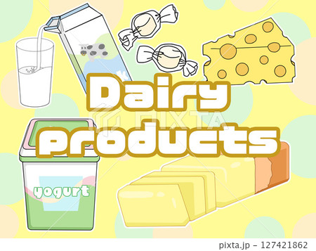 乳製品のイメージイラスト(英字、背景あり) 乳製品のイメージイラスト(英字、背景あり) 127421862