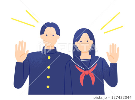 学ランとセーラー服を着た男女 学生が手を振るベクターイラスト素材 127422044