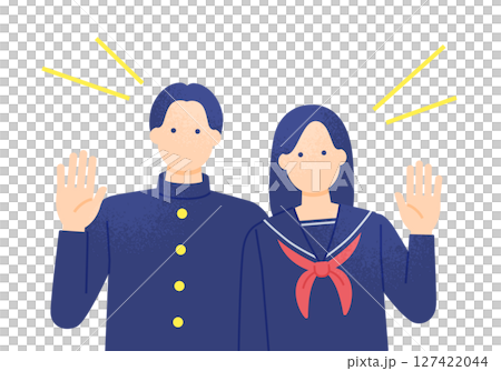学ランとセーラー服を着た男女 学生が手を振るベクターイラスト素材 127422044