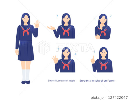 制服を着たかわいい高校生、中学生のイラスト OK、考える、指差しポーズをする女の子のベクターイラスト 127422047