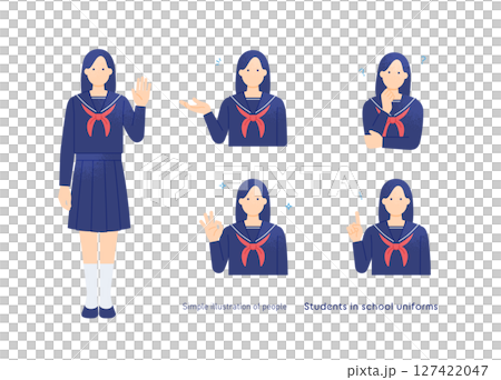 制服を着たかわいい高校生、中学生のイラスト OK、考える、指差しポーズをする女の子のベクターイラスト 127422047