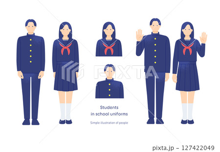制服姿の男女の学生 学ラン男子とセーラー服女子のポーズ集 ベクターイラスト素材 127422049