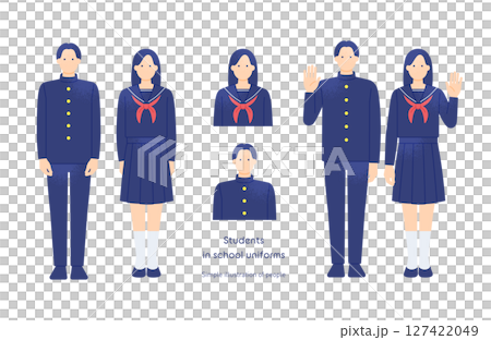 制服姿の男女の学生 学ラン男子とセーラー服女子のポーズ集 ベクターイラスト素材 127422049