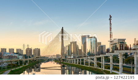 Urban cityscape with a cable-stayed bridge in Sao Paulo. 127422195