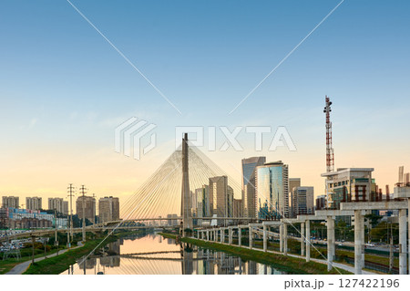 Urban cityscape with a cable-stayed bridge in Sao Paulo. 127422196