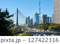 Cityscape with cable-stayed bridge, and city traffic in Sao Paulo city. 127422316
