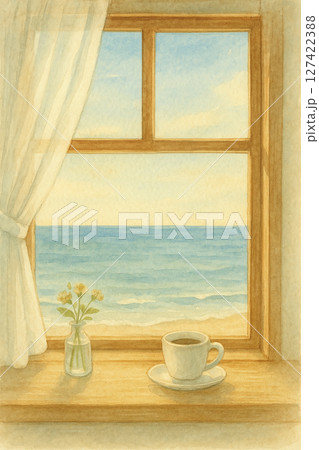 カフェの窓辺と海の景色 127422388
