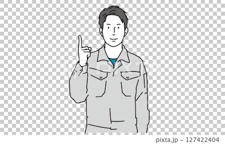 上に指差しする作業服を着た男性のイラスト素材 上に指差しする作業服を着た男性のイラスト素材 127422404