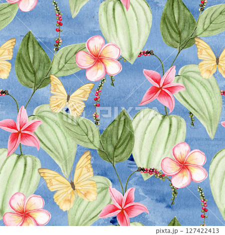 Kampot pepper plant with peppercorns, yellow butterflies and plumeria flowers watercolor seamless pattern on blue background. Perfect for packaging, culinary design, branding, textile or eco labels Kampot pepper plant with peppercorns, yellow butterflies and plumeria flowers watercolor seamless pattern on blue background. Perfect for packaging, culinary design, branding, textile or eco labels 127422413