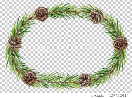 Evergreen branch with pinecones, watercolor oval wreath isolated on white. Perfect for holiday design, eco branding, packaging, stationery, winter decor, organic cosmetics, greeting cards. Christmas 127422414