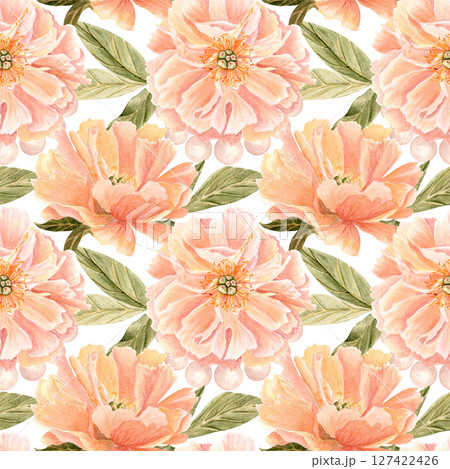 Pink peony flowers leaves surrounded by pearls repeating design, Watercolor seamstress pattern isolated on white. Perfect for fabric prints, wedding decor, feminine branding, packaging, wallpaper Pink peony flowers leaves surrounded by pearls repeating design, Watercolor seamstress pattern isolated on white. Perfect for fabric prints, wedding decor, feminine branding, packaging, wallpaper 127422426