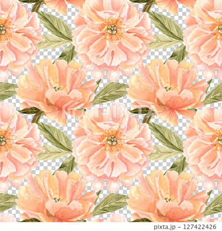 Pink peony flowers leaves surrounded by pearls repeating design, Watercolor seamstress pattern isolated on white. Perfect for fabric prints, wedding decor, feminine branding, packaging, wallpaper Pink peony flowers leaves surrounded by pearls repeating design, Watercolor seamstress pattern isolated on white. Perfect for fabric prints, wedding decor, feminine branding, packaging, wallpaper 127422426