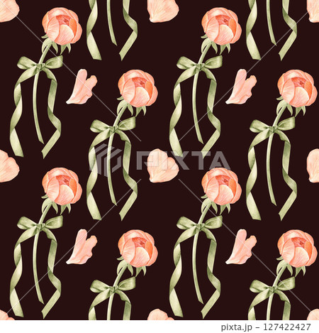 Peony buds, green ribbon flowing tails, petals watercolor seamless pattern on black background. Hand-painted ideal for gift shop, wedding stationery, charity packaging, romantic graphic design Peony buds, green ribbon flowing tails, petals watercolor seamless pattern on black background. Hand-painted ideal for gift shop, wedding stationery, charity packaging, romantic graphic design 127422427