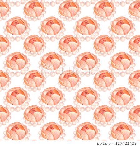Pink peony flowers surrounded by pearls elegant repeating design, watercolor seamless pattern isolated on white background. Perfect for fabric prints, wedding decor, feminine branding, packaging. Rose Pink peony flowers surrounded by pearls elegant repeating design, watercolor seamless pattern isolated on white background. Perfect for fabric prints, wedding decor, feminine branding, packaging. Rose 127422428