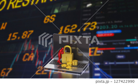 The Lock and coins on Laptop for Security concept 3d Rendering. The Lock and coins on Laptop for Security concept 3d Rendering. 127422990