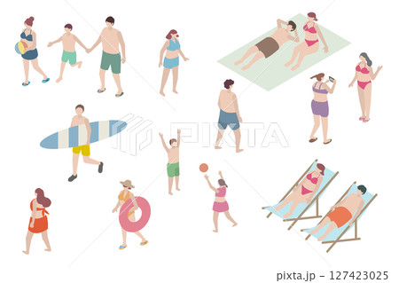夏の海で海水浴を楽しんでいる人々のアイソメトリックイラスト、ビーチのアイソメ 夏の海で海水浴を楽しんでいる人々のアイソメトリックイラスト、ビーチのアイソメ 127423025