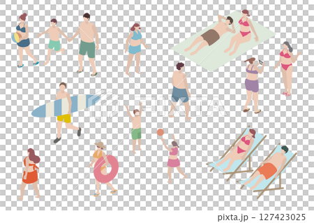 夏の海で海水浴を楽しんでいる人々のアイソメトリックイラスト、ビーチのアイソメ 夏の海で海水浴を楽しんでいる人々のアイソメトリックイラスト、ビーチのアイソメ 127423025