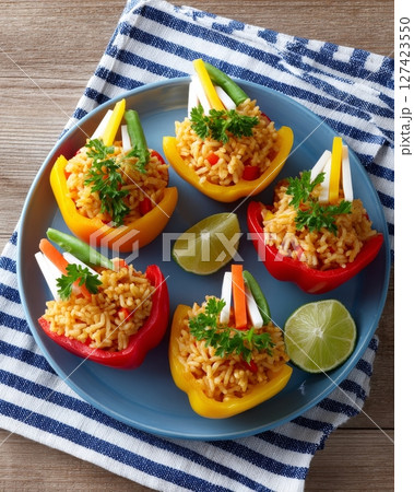 Vibrant stuffed bell peppers with rice and fresh vegetables. 127423550