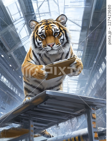 Tiger inspecting factory with clipboard in industrial warehouse setting. 127423680