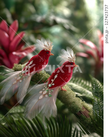 Elegant red birds with feather crowns perched on mossy branches in lush jungle. 127423737
