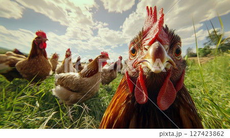 Close-up of chickens in a sunny pasture with blue sky and clouds. 127423862
