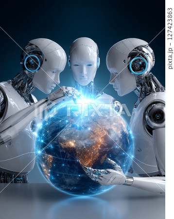 Three futuristic robots analyzing a digital globe with blue networks. 127423863