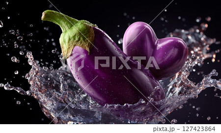 Fresh eggplant and heart-shaped fruit splashing in water against dark background. 127423864