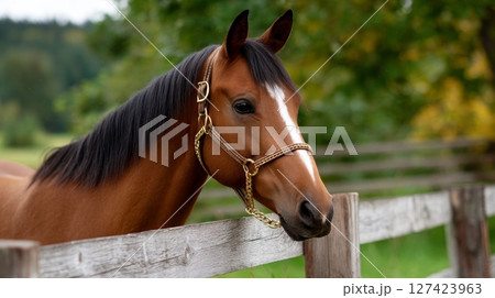 Beautiful brown horse with bridle standing by wooden fence in lush greenery. 127423963