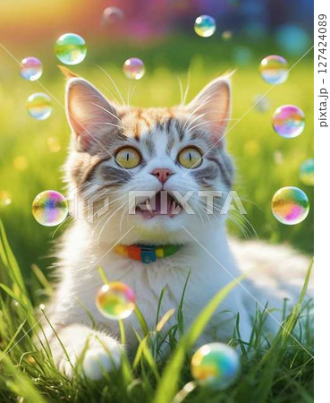 虹色のシャボン玉を見つめる子猫 127424089