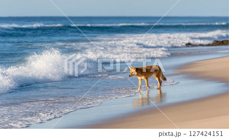 Lone dingo exploring pristine beach shoreline with gentle waves. 127424151