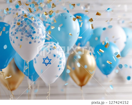 Blue and white balloons with star of david and gold confetti celebration. 127424152