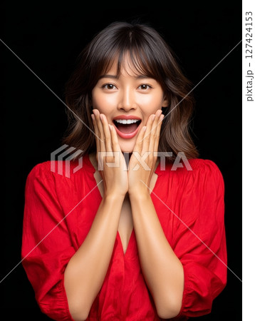 Asian young female expressing surprise in red top against black background. 127424153