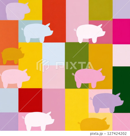 Colorful geometric pattern with stylized pigs on a multicolored background. 127424202