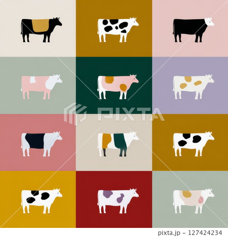 Colorful cow patterns on grid background with varied designs and hues. Colorful cow patterns on grid background with varied designs and hues. 127424234