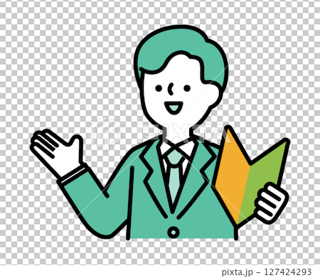 初心者マークを持って笑顔で話すスーツのビジネスパーソンの男性のベクターイラスト 初心者マークを持って笑顔で話すスーツのビジネスパーソンの男性のベクターイラスト 127424293