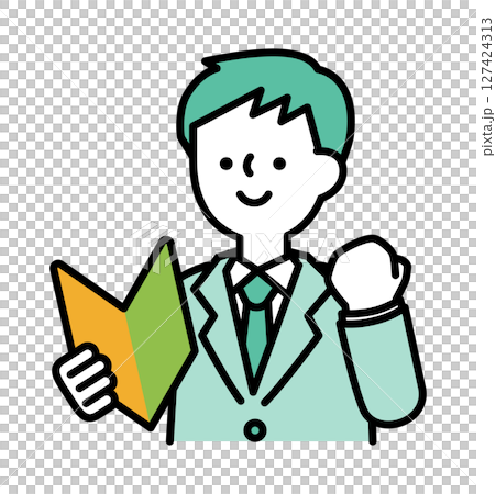 Vector illustration of a male business person in a suit cheering with a smile while holding a beginner's mark 127424313