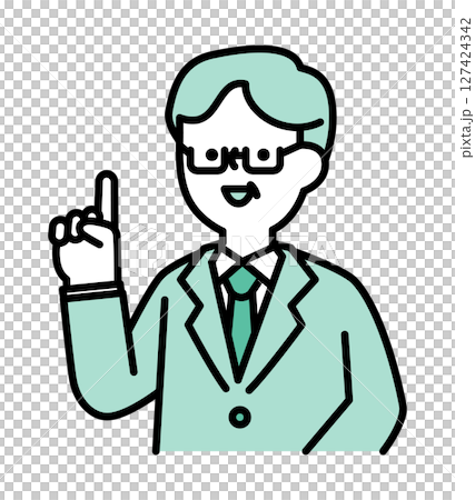 笑顔で説明をしているスーツのビジネスパーソンのシニア世代男性のベクターイラスト 127424342