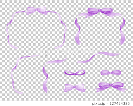 Purple ribbon frame material set painted with watercolors 127424386