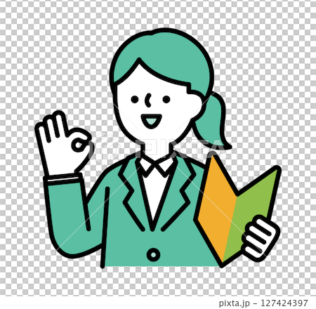 向量圖的一位面帶微笑的女商人在拿著初學者的成績時擺出積極姿勢 127424397